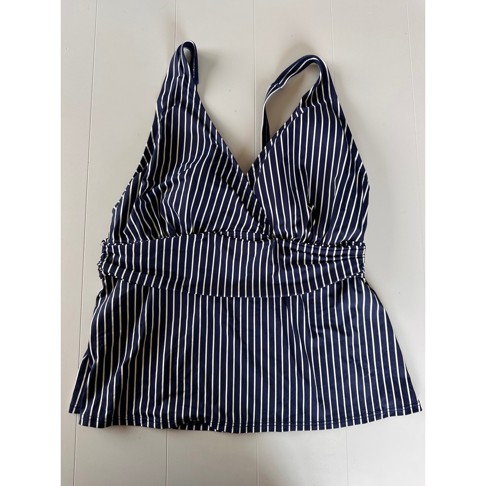 Lands End Womens 1X 16W-18W Navy Blue White Striped Surplice Tankini Swim Top
